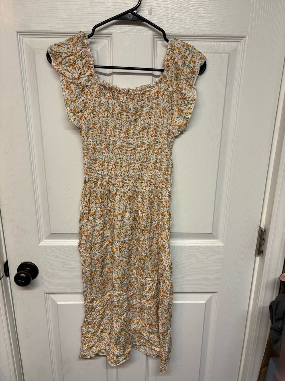 Smocked Floral Midi Dress in Yellow Floral